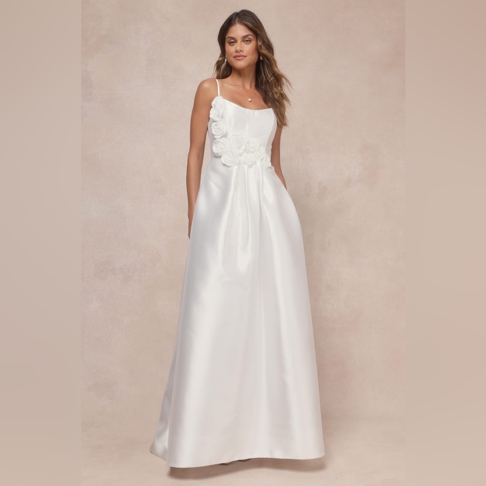 Lulus Dreamy Forever White Taffeta Rosette Maxi Dress with Pockets